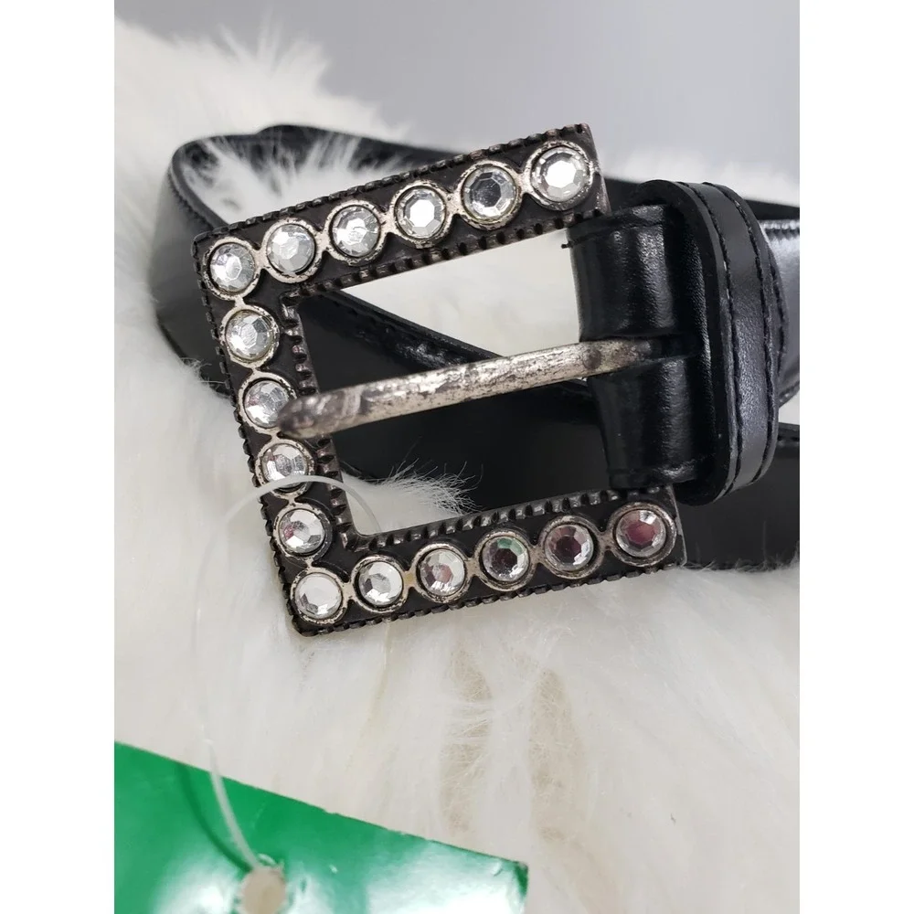 Simple Black Leather Belt Vintage rhinestone SQUARE BUCKLE 80s statement belt‎